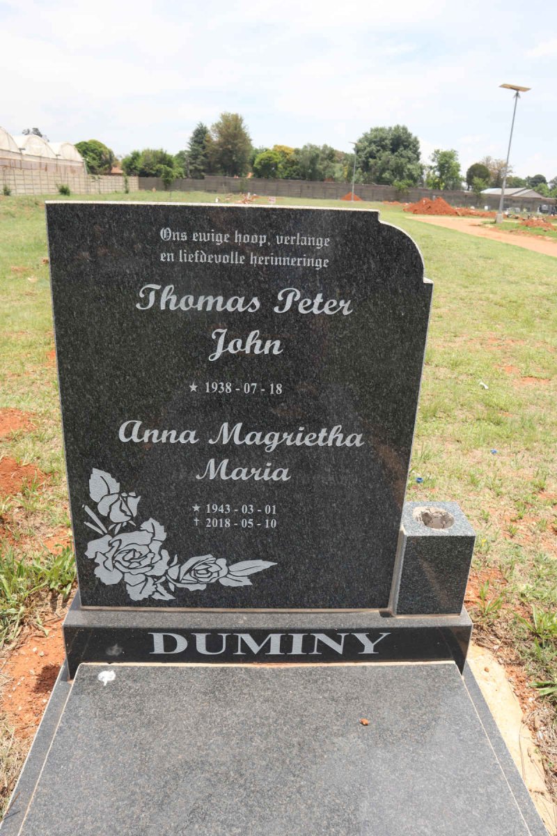 DUMINY Thomas Peter John 1938- & Anna Magrietha Maria 1943-2018