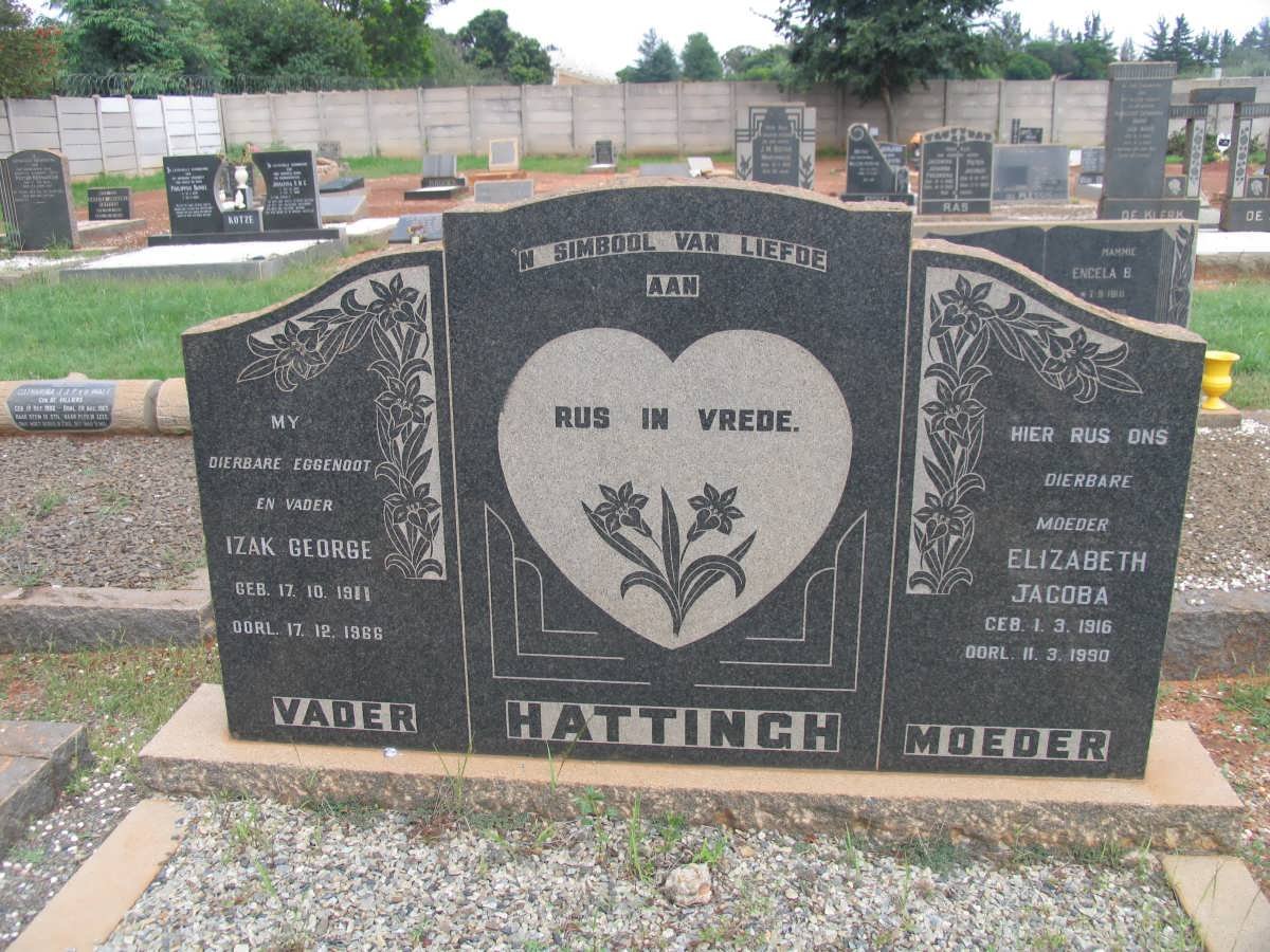 HATTINGH Izak George 1911-1966 &amp; Elizabeth Jacoba 1916-1990
