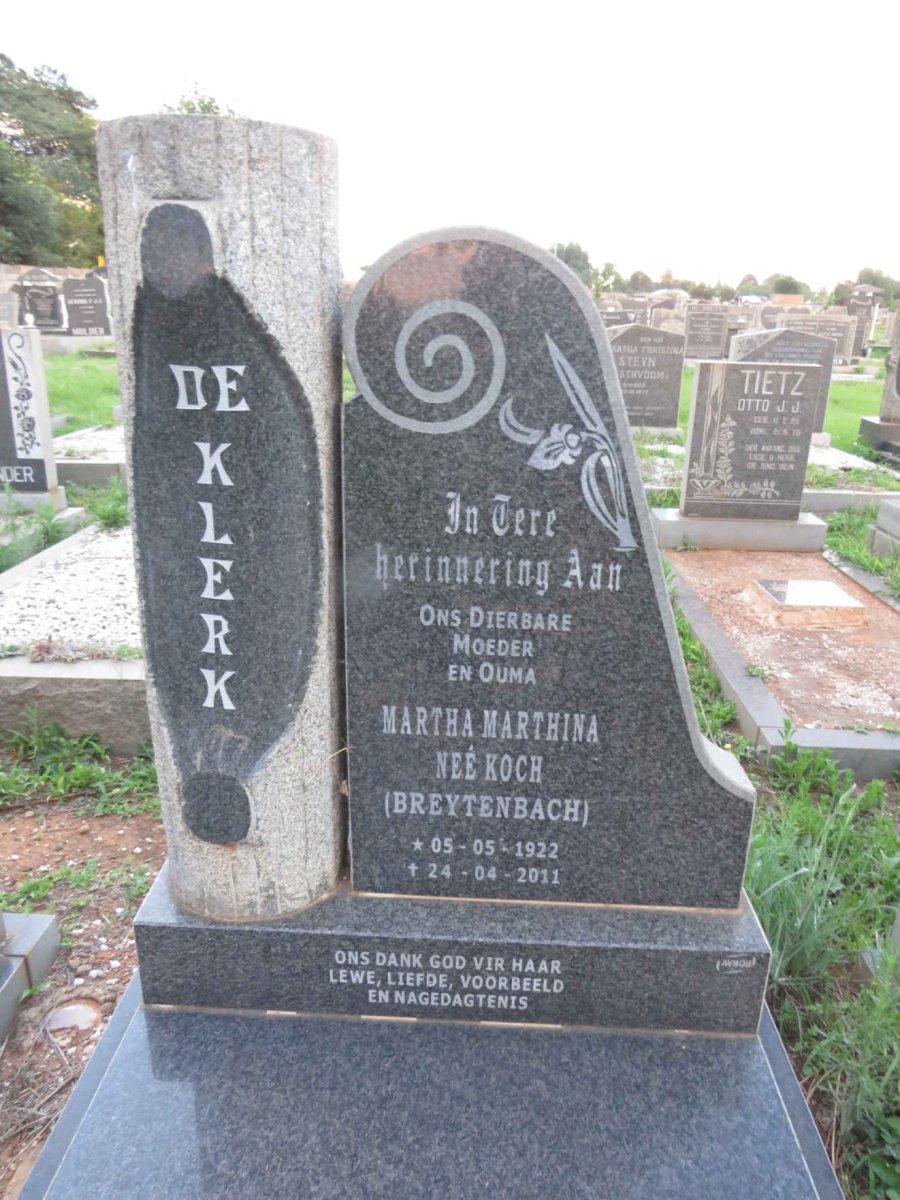 KLERK Martha Marthina, de voorheen BREYTENBACH nee KOCH 1922-2011