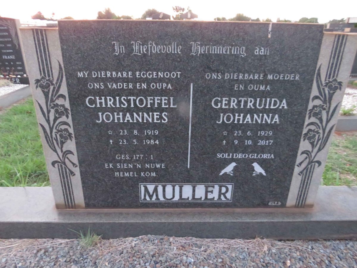 MULLER Christoffel Johannes 1919-1984 & Gertruida Johanna 1929-2017