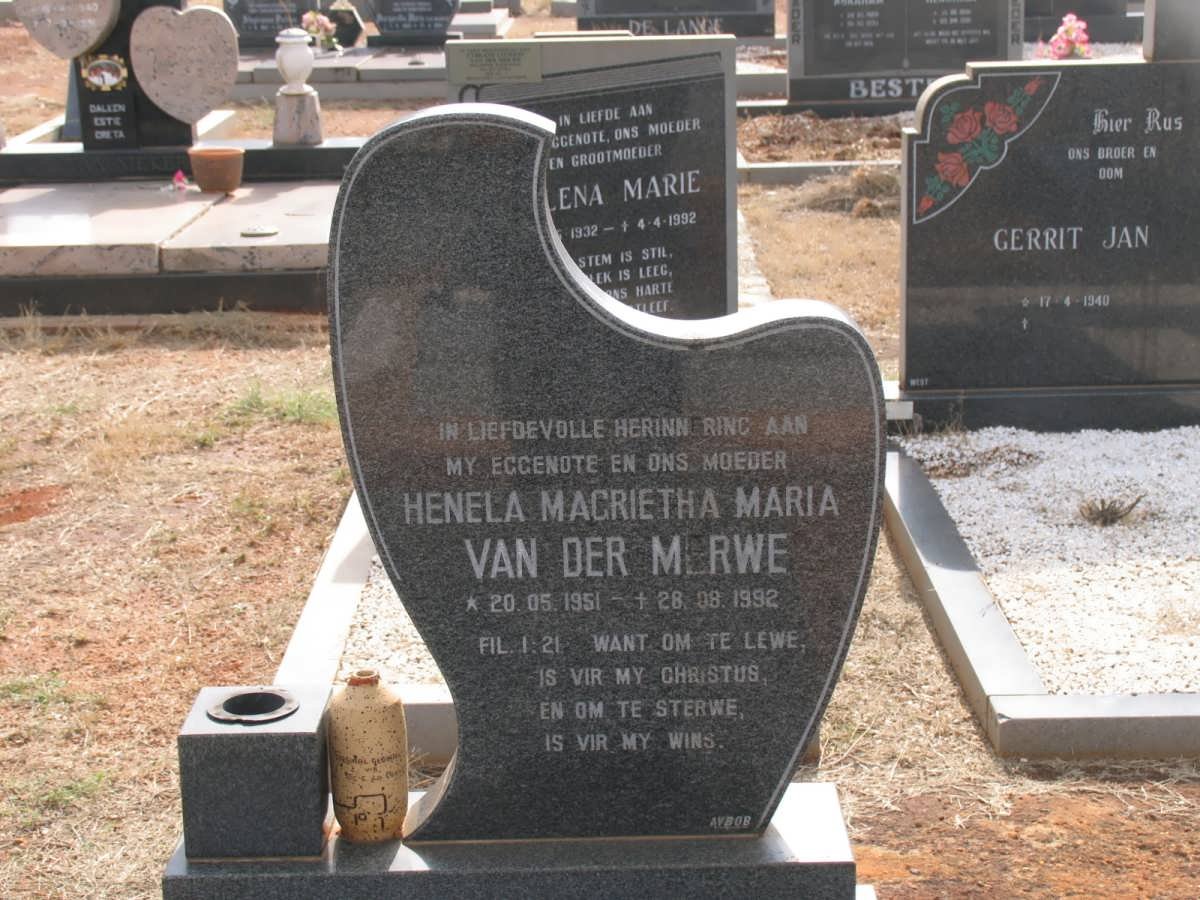 MERWE Henela Magrietha Maria, van der 1951-1992