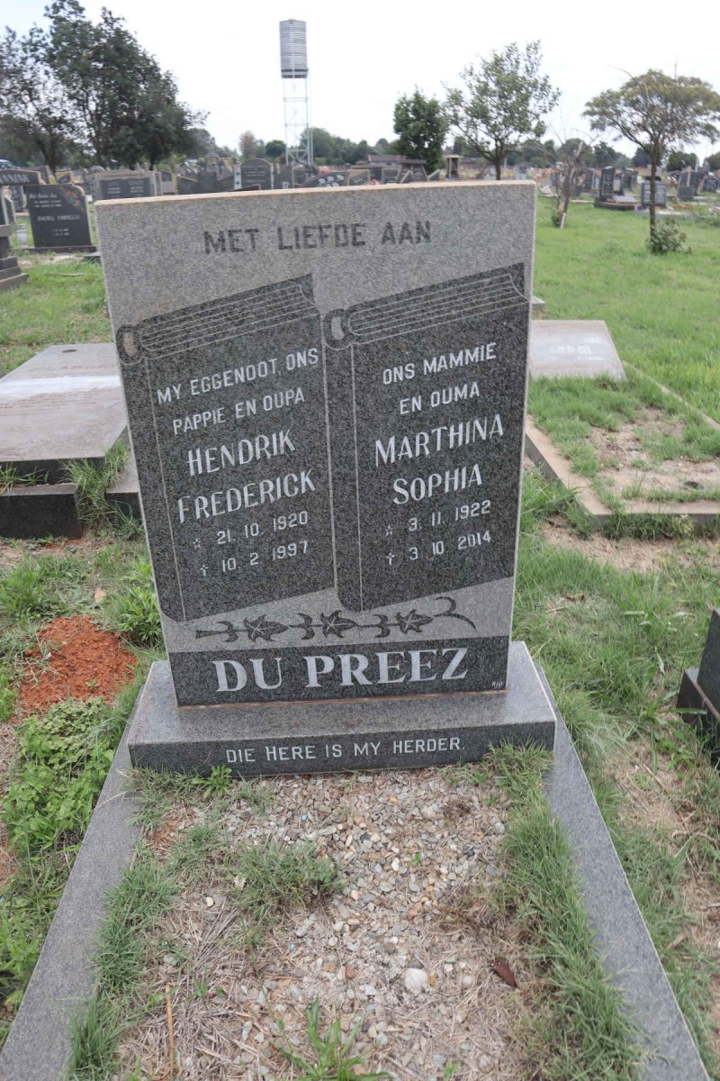 PREEZ Hendrik Frederick, du 1920-1997 & Marthina Sophia 1922-2014