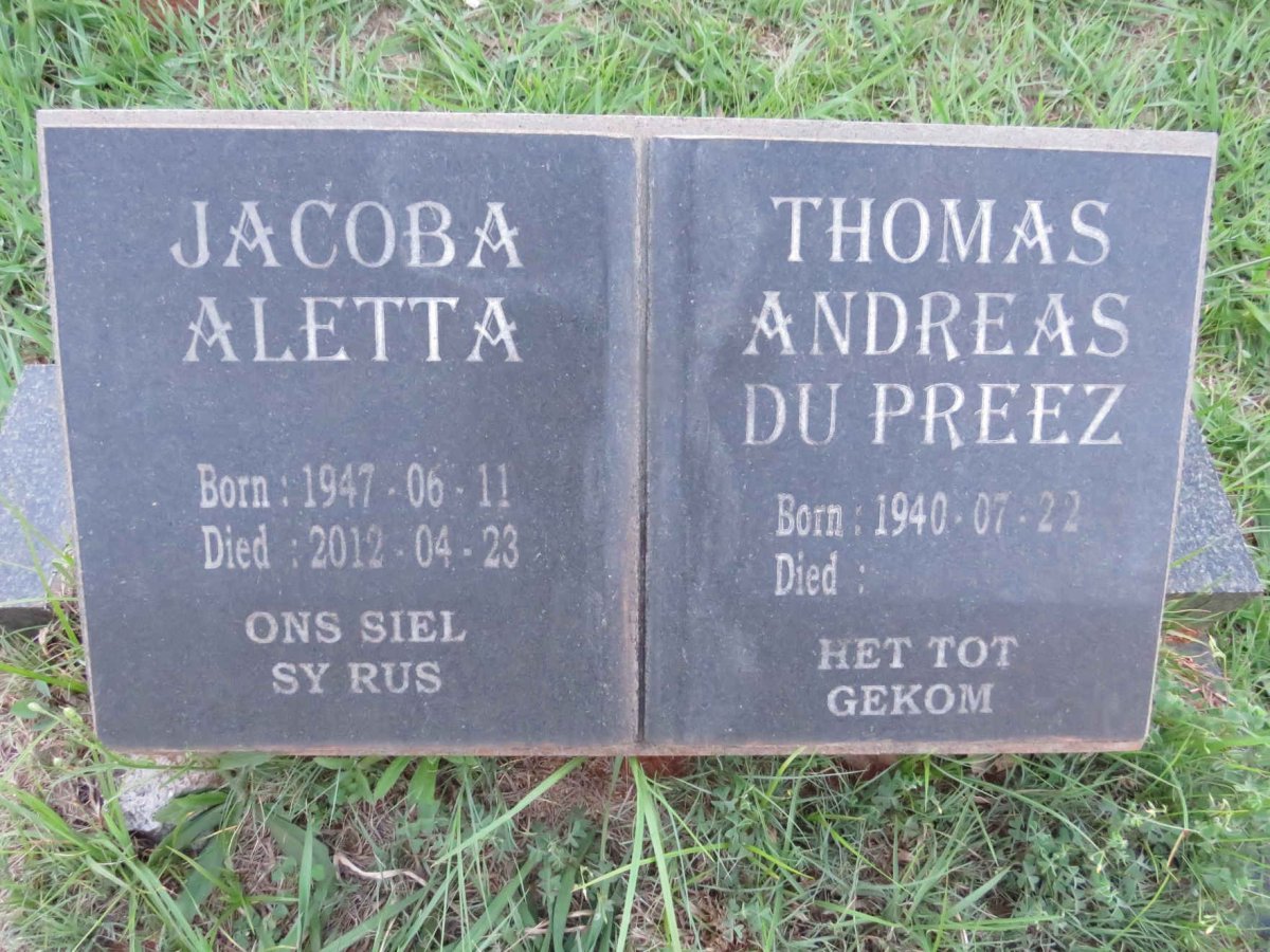 PREEZ Thomas Andreas, du 1940- & Jacoba Aletta 1947-2012