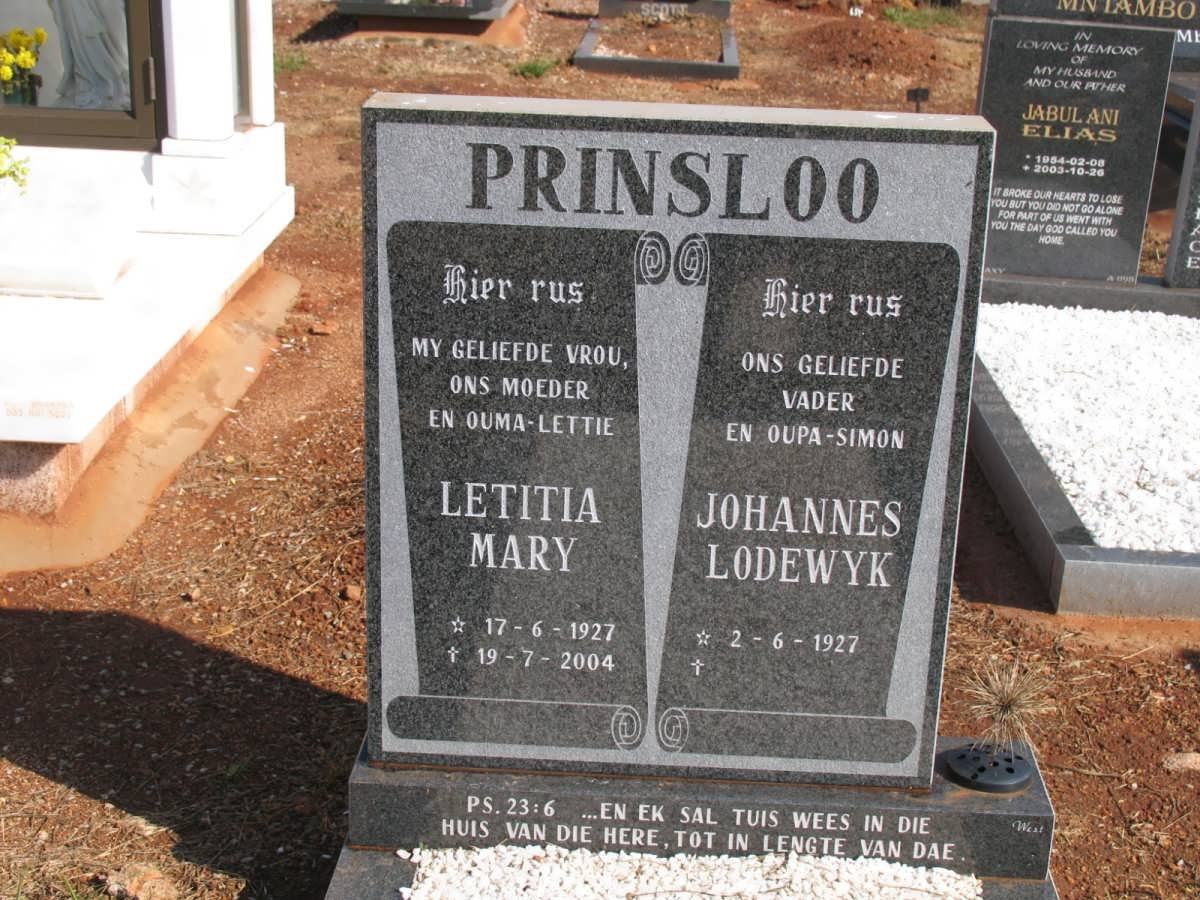 PRINSLOO Johannes Lodewyk 1927-  &amp; Letitia Mary 1927-2004