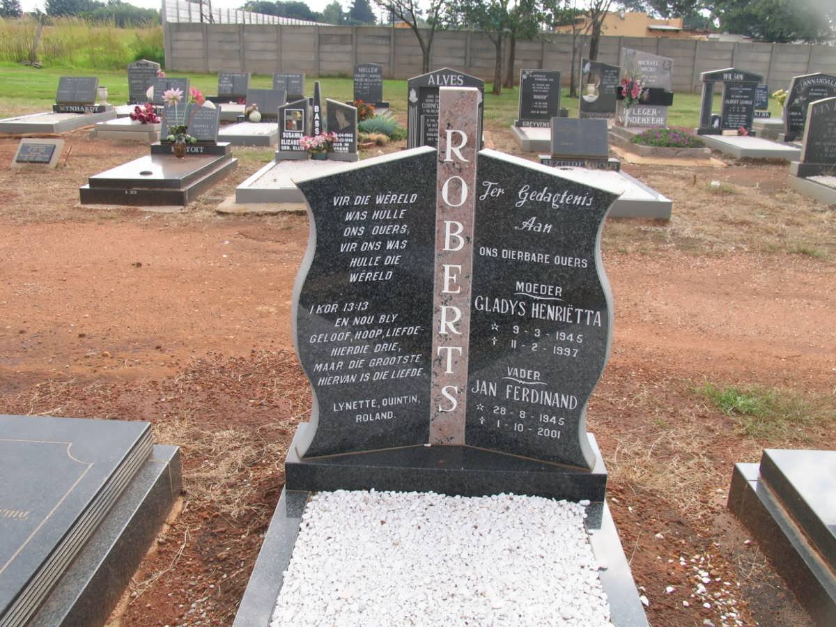 ROBERTS Jan Ferdinand 1945-2001 &amp; Gladys Henrietta 1945-1997