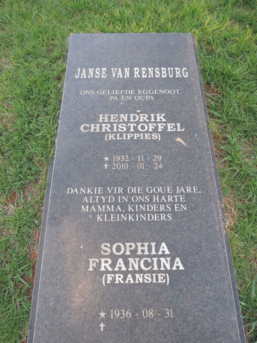 RENSBURG Hendrik Christoffel, Janse van 1932-2010 & Sophia Francina 1936- 
