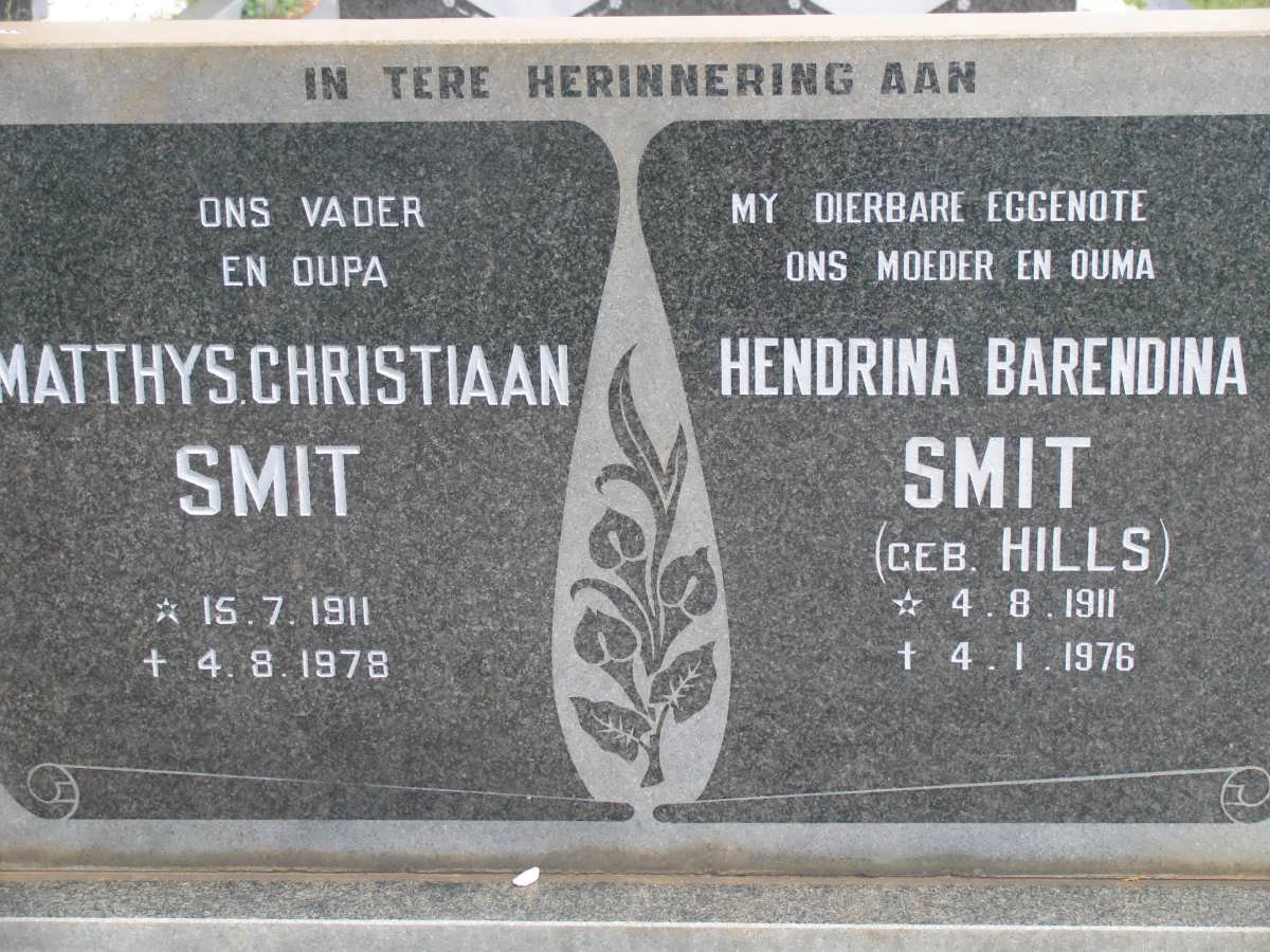 SMIT Matthys Christiaan 1911-1978 &amp; Hendrina Barendina HILLS 1911-1976