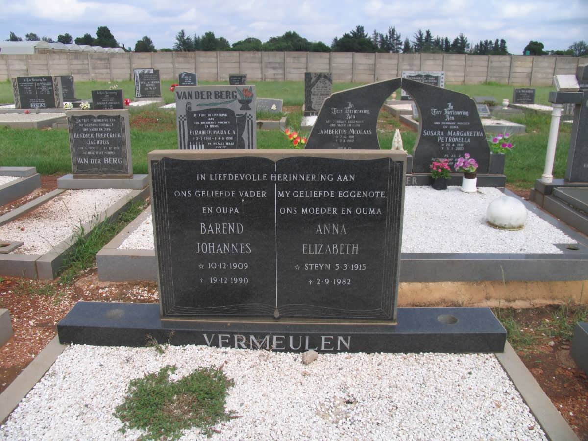 VERMEULEN Barend Johannes 1909-1990 &amp; Anna Elizabeth STEYN 1915-1982