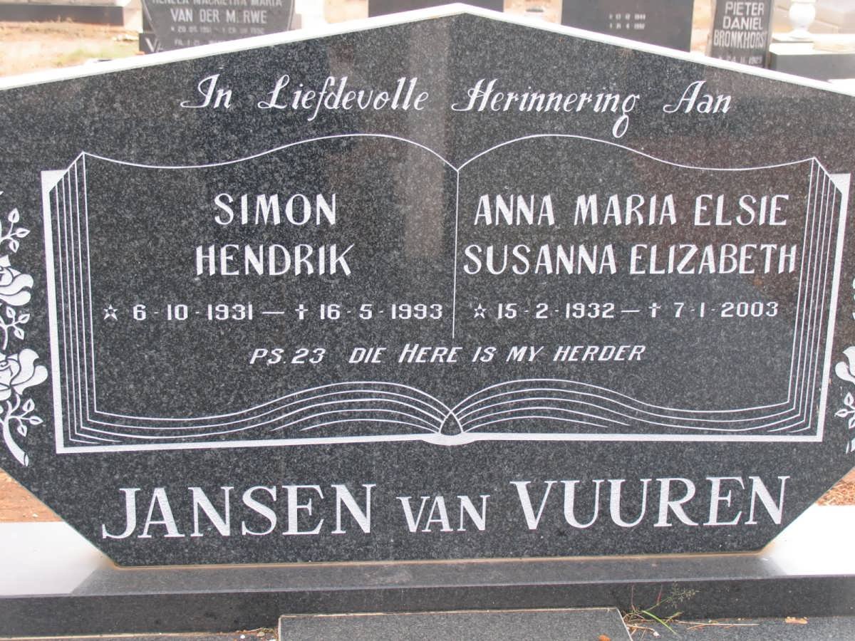 VUUREN Simon Hendrik, Jansen van  1931-1993 &amp; Anna Maria Elsie Susanna Elizabeth 1932-2003