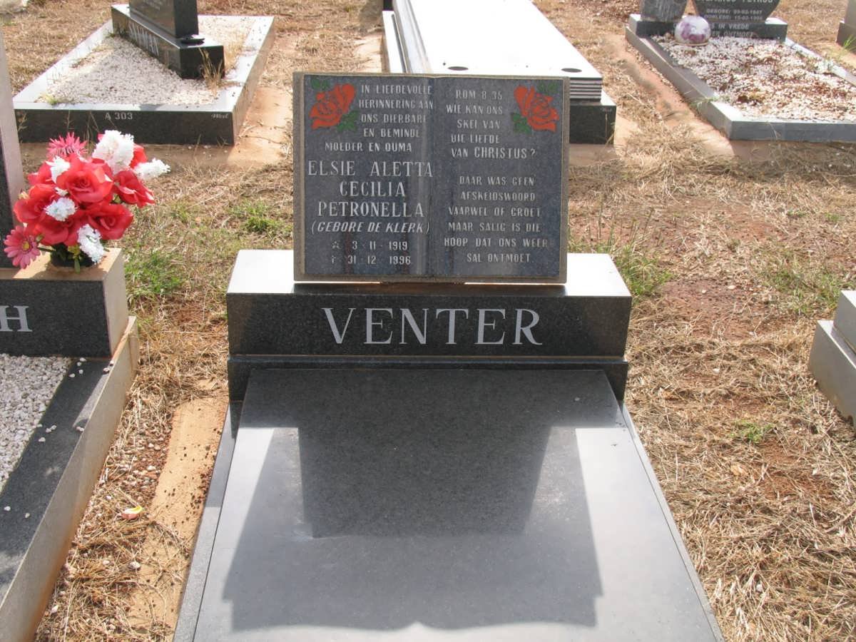 VENTER Elsie Aletta Cecilia Petronella nee De KLERK 1919-1996