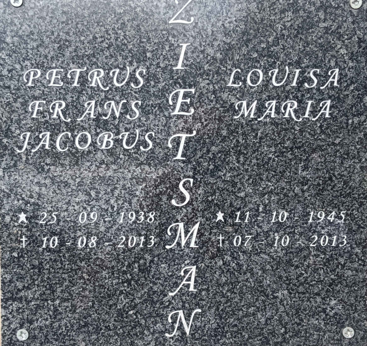 ZIETSMAN Petrus Frans Jacobus 1938-2013 & Louisa Maria 1945-2013