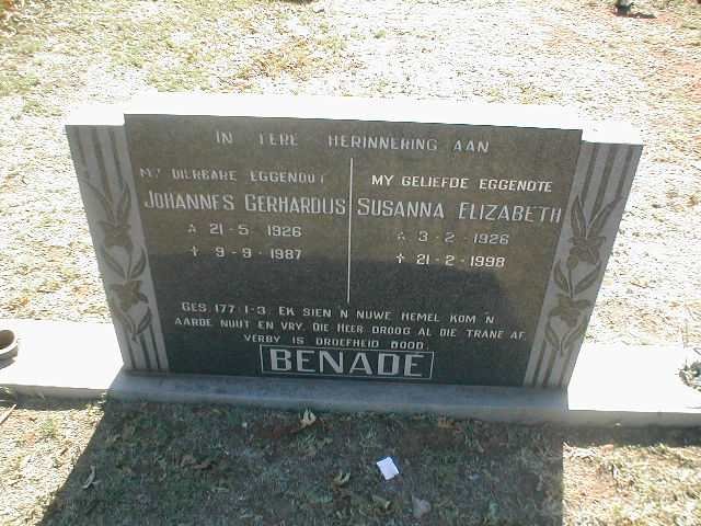 BENADE Johannes Gerhardus 1926-1987 &amp; Susanna Elizabeth 1926 - 1998