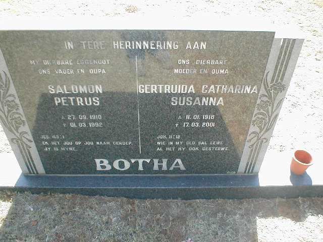 BOTHA Salomon Petrus 1910 - 1992 &amp; Gertruida Catharina Susanna 1918 - 2001