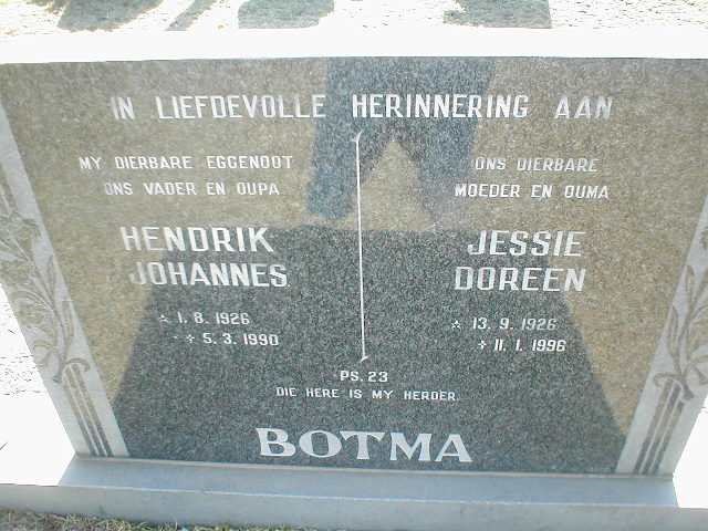 BOTMA Hendrik Johannes 1926-1990 &amp; Jessie Doreen 1926-1996