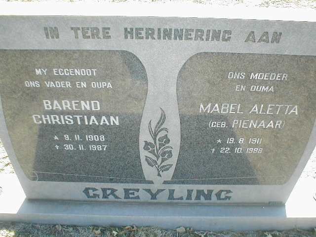 GREYLING Barend Christiaan 1908-1987 &amp; Mabel Aletta PIENAAR 1911-1988