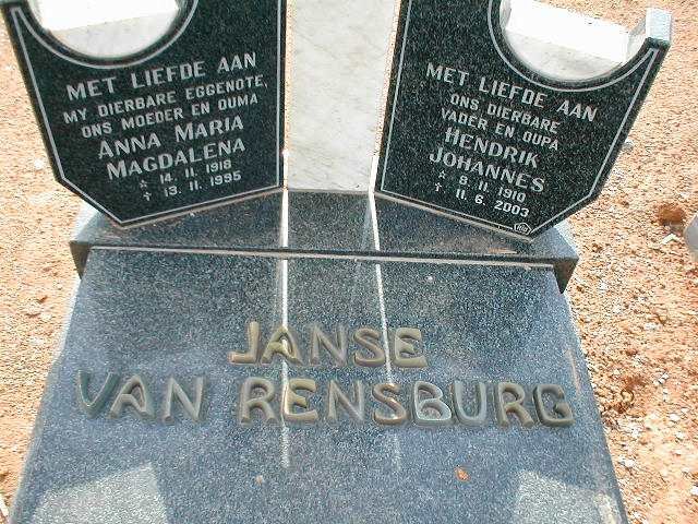 RENSBURG Hendrik Johannes, Janse van 1910-2003 &amp; Anna Maria Magdalena 1918-1995