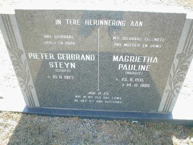 STEYN Pieter Gerbrand 1927- &amp; Margrietha Pauline 1935-1989