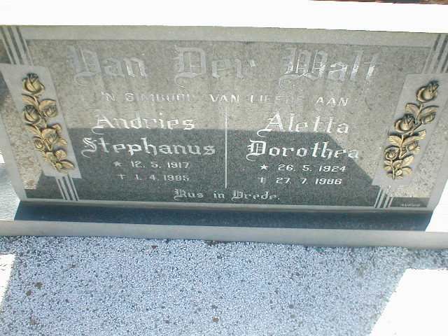 WALT Andries Stephanus, van der 1917-1985 &amp; Aletta Dorothea 1924-1986