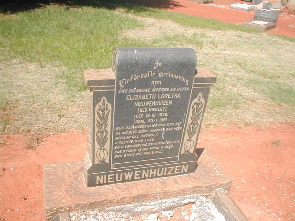 NIEUWENHUIZEN Elizabeth Loretha nee RIEKERT  1878-1951