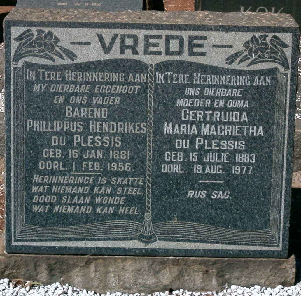 PLESSIS Barend Phillippus Hendrikes, du 1881-1956 &amp; Gertruida Maria Magrietha 1883-1977