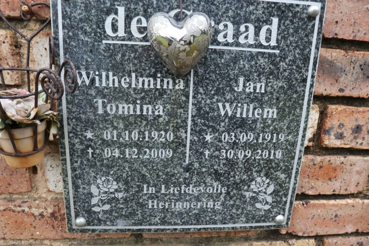 GRAAD Jan Willem, de 1919-2010 &amp; Wilhelmina Tomina 1920-2009