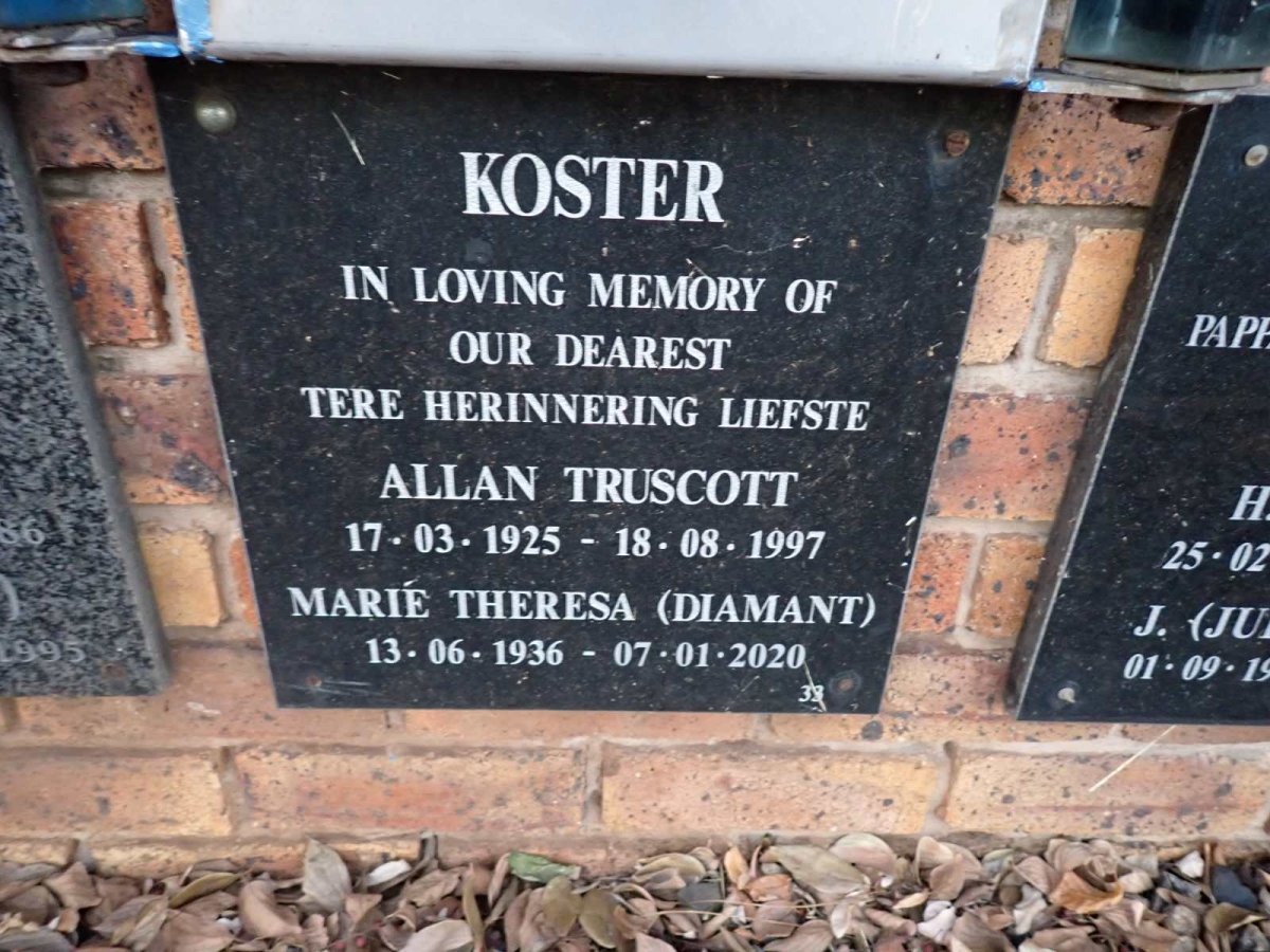 KOSTER Allan Truscott 1925-1997 &amp; Marie Theresa DIAMANT 1936-2020