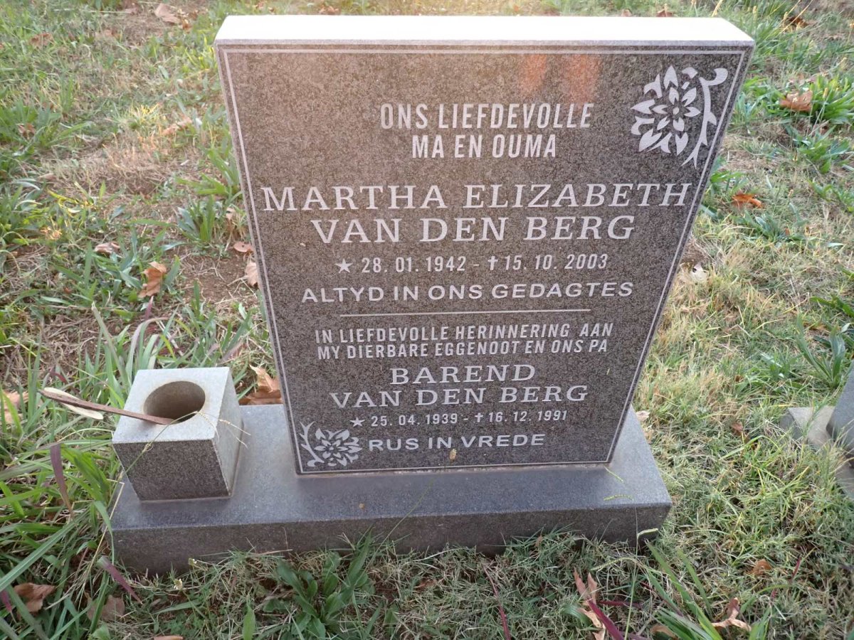 BERG Barend, van den 1939-1991 &amp; Martha Elizabeth 1942-2003