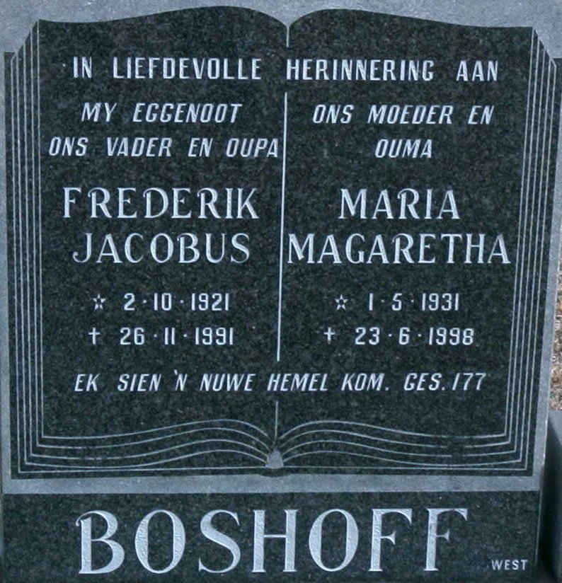 BOSHOFF Frederik Jacobus 1921-1991 &amp; Maria Magaretha 1931-1998