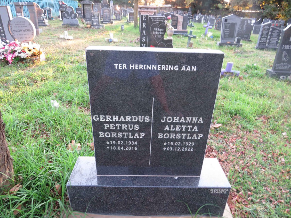 BORSTLAP Gerhardus Petrus 1934- 2016 & Johanna Aletta 1929-2022
