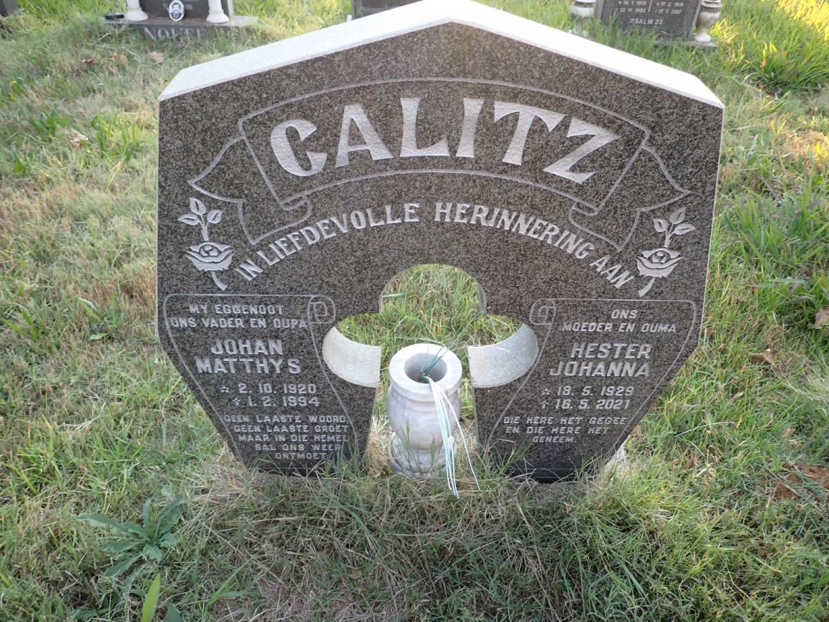 CALITZ Johan Matthys 1920-1994 &amp; Hester Johanna 1929-2021