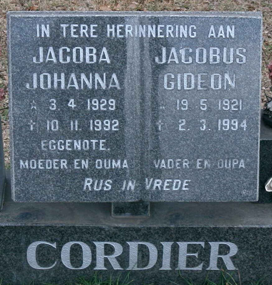 CORDIER Jacobus Gideon 1921-1994 &amp; Jacoba Johanna 1929-1992