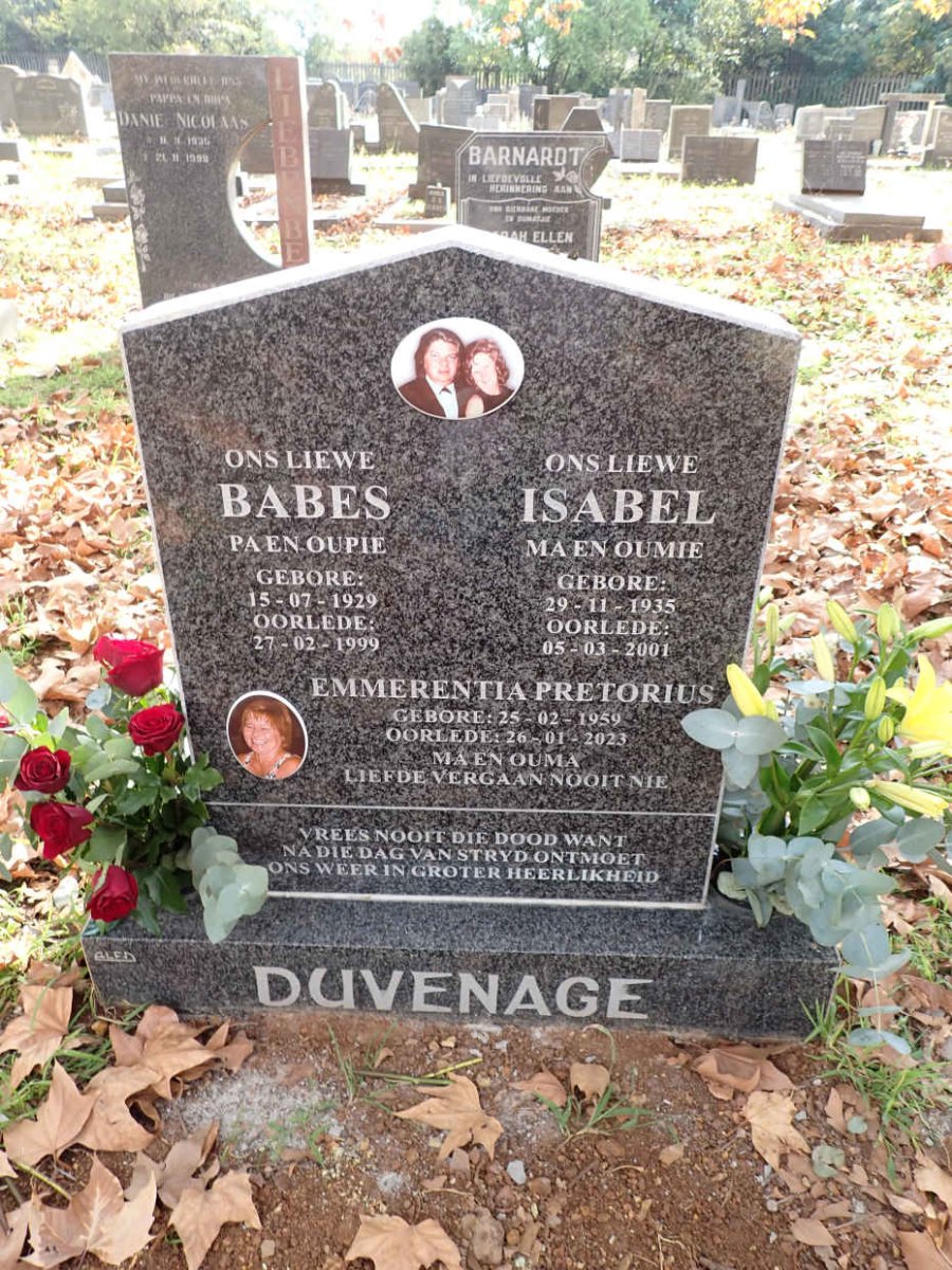 DUVENAGE Babes 1929-1999 &amp; Isabel 1935-2001 :: PRETORIUS Emmerentia 1959-2023