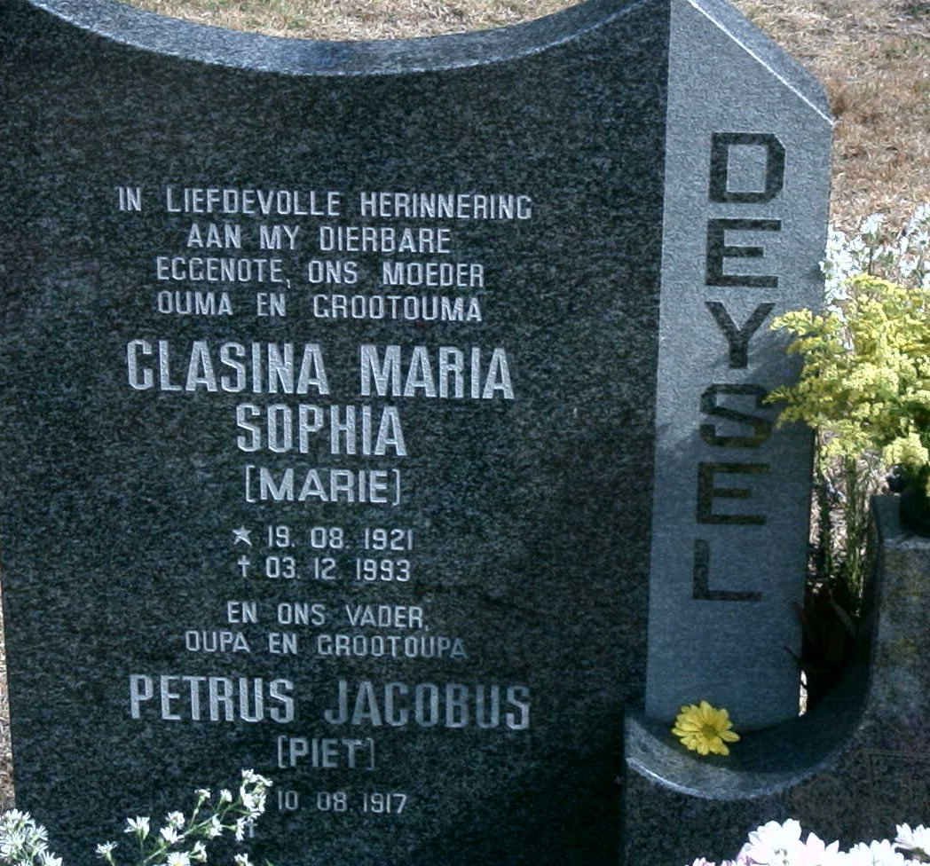 DEYSEL Petrus Jacobus 1917- &amp; Clasina Maria Sophia 1921-1993