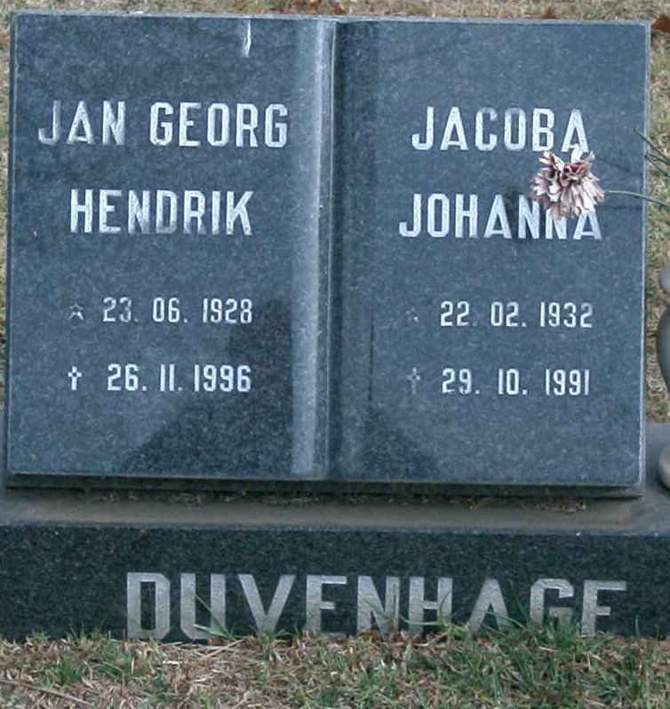 DUVENHAGE Jan Georg Hendrik 1928-1996 &amp; Jacoba Johanna 1932-1991