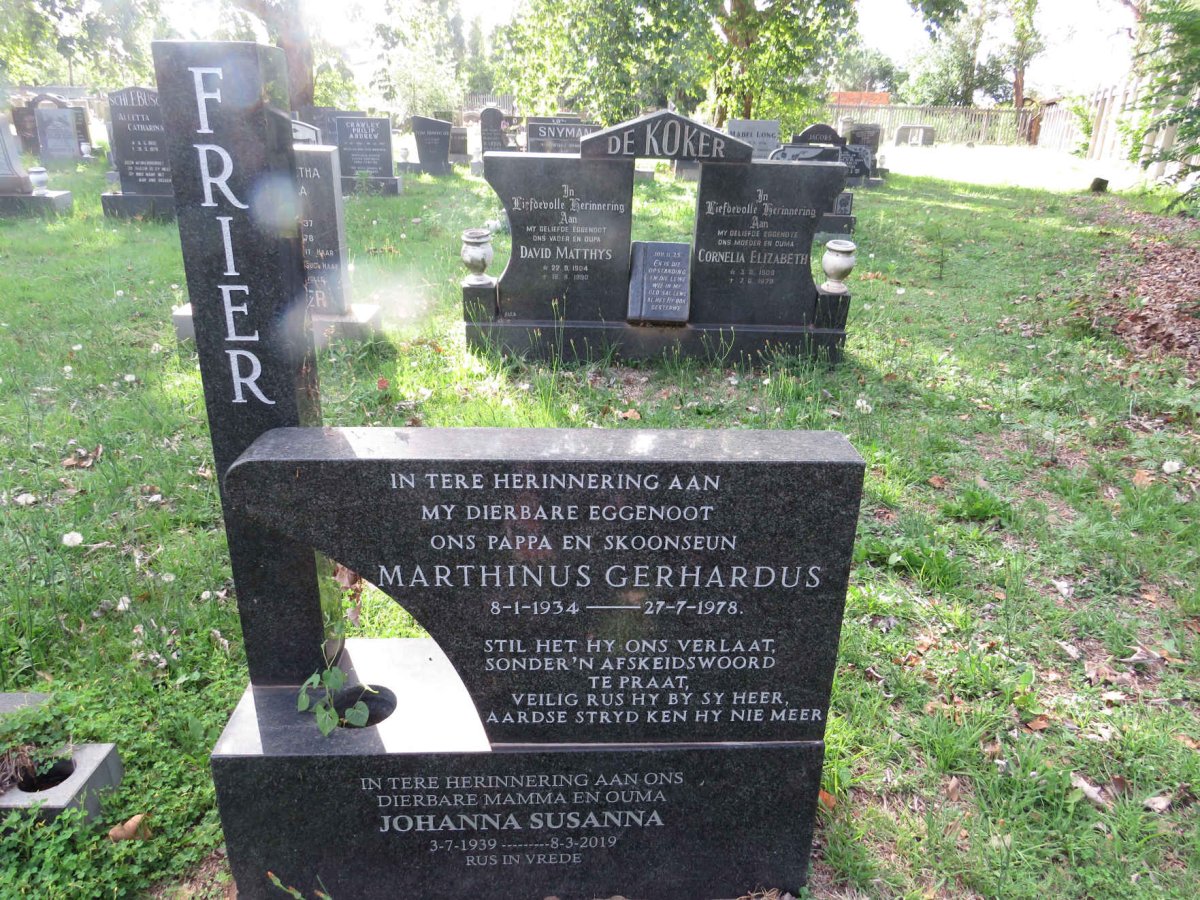 FRIER Marthinus Gerhardus 1934-1978 &amp; Johanna Susanna 1939-2019