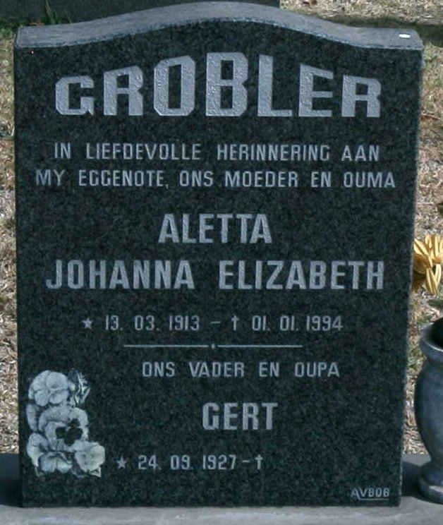 GROBLER Gert 1927- &amp; Aletta Johanna Elizabeth 1913-1994
