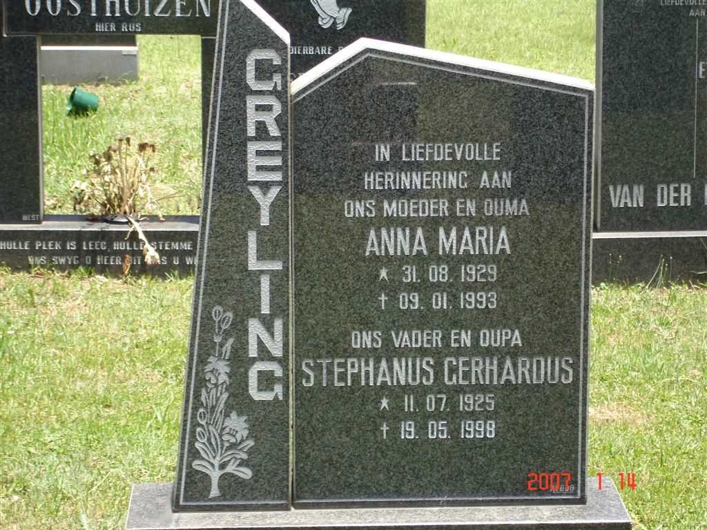 GREYLING Stephanus Gerhardus 1925-1998 &amp; Anna Maria 1929-1993