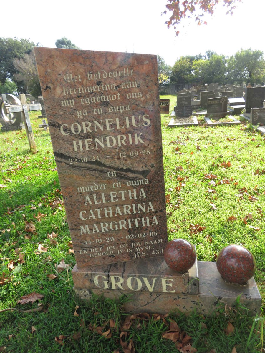 GROVE Cornelius Hendrik 1924-1998 &amp; Alletha Catharina Margritha 1929-2005