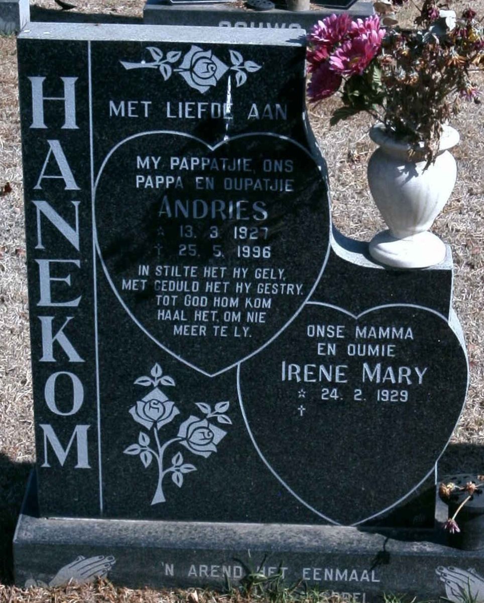 HANEKOM Andries 1927-1996 &amp; Irene Mary 1929-