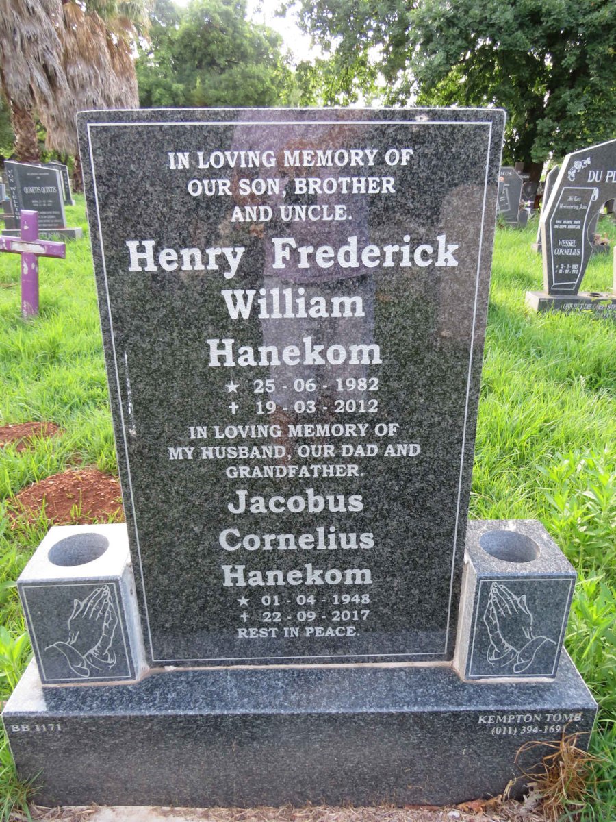HANEKOM Jacobus Cornelius 1948-2017 :: HANEKOM Henry Frederick William 1982-2012