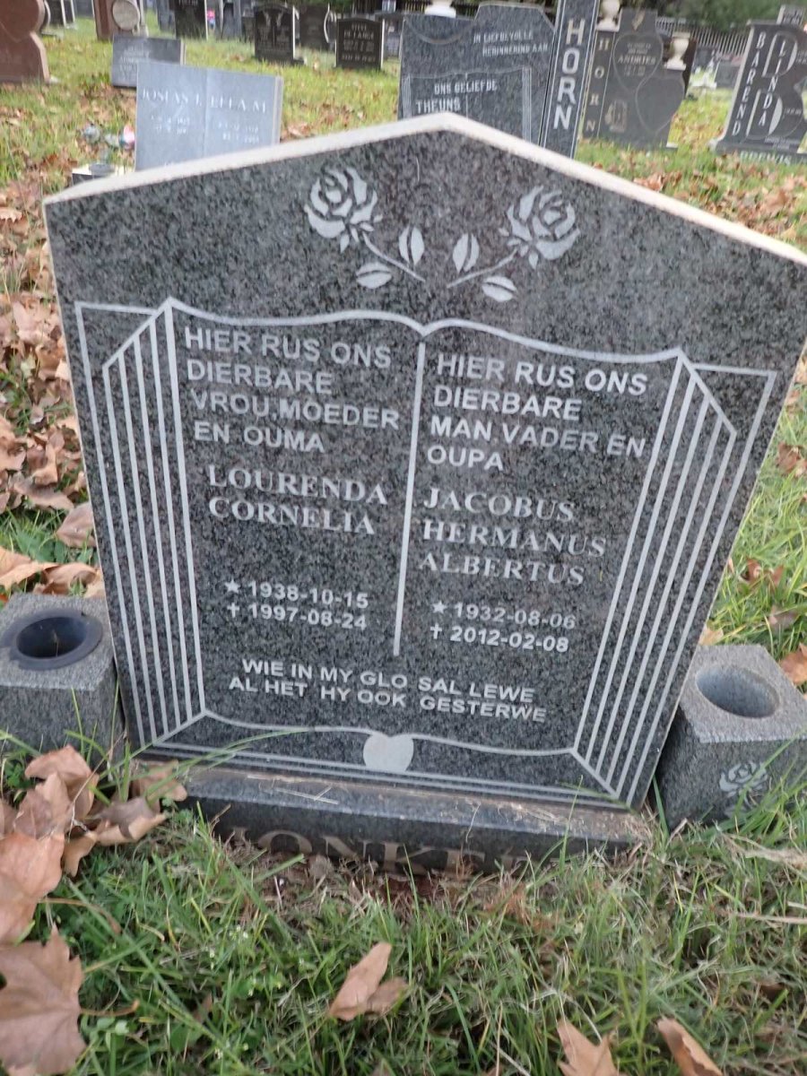 JONKER Jacobus Hermanus Albertus 1932-2012 &amp; Lourenda Cornelia 1938-1997