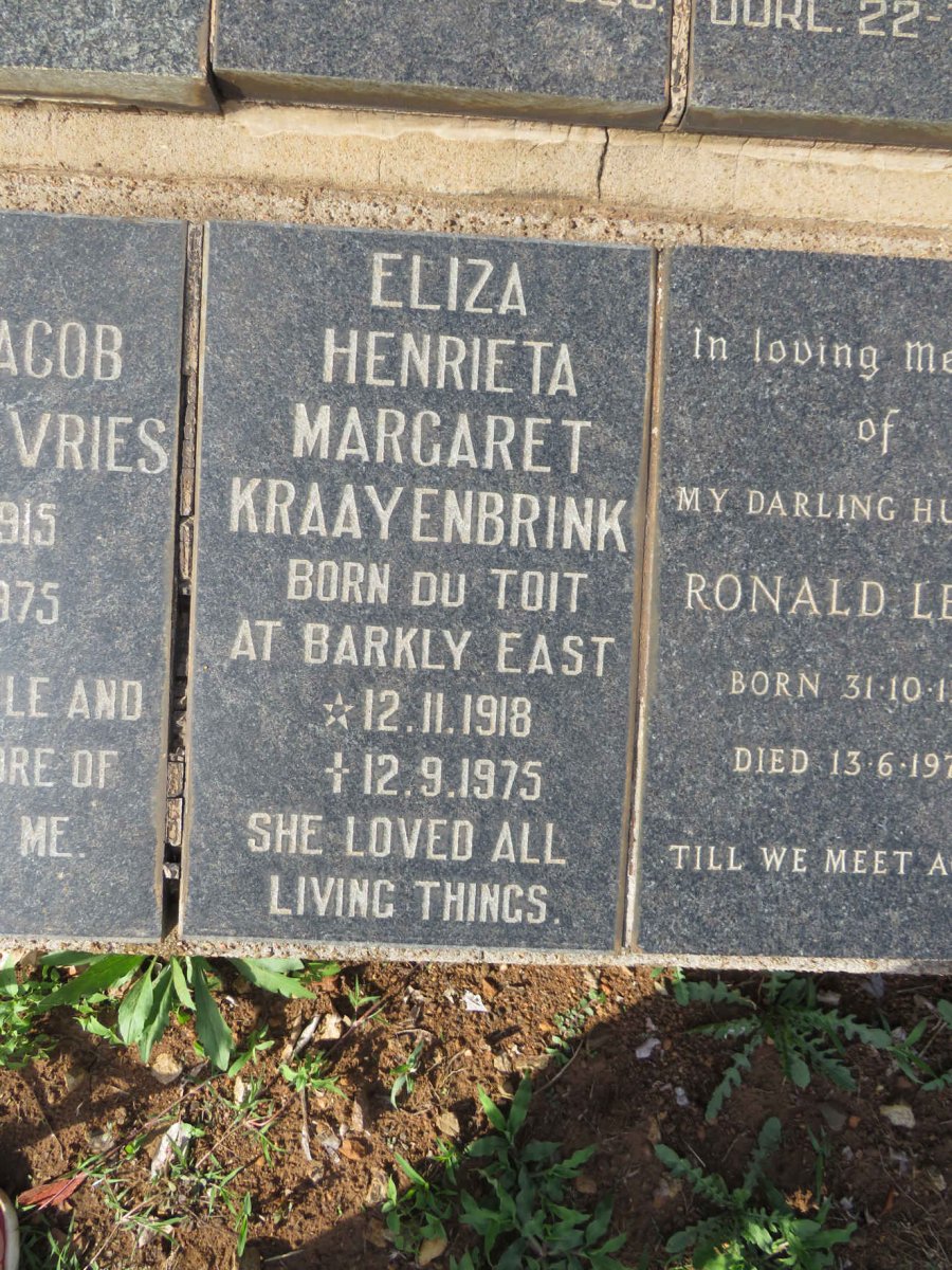 KRAAYENBRINK Eliza Henrieta Margaret nee Du TOIT 1918-1975