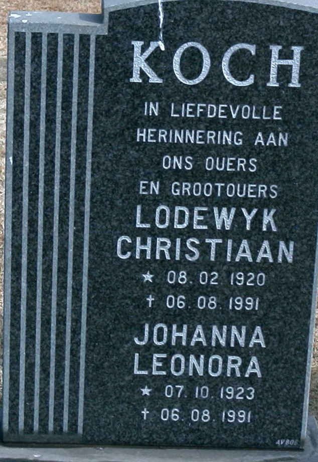 KOCH Lodewyk Christiaan 1920-1991 &amp; Johanna Leonora 1923-1991