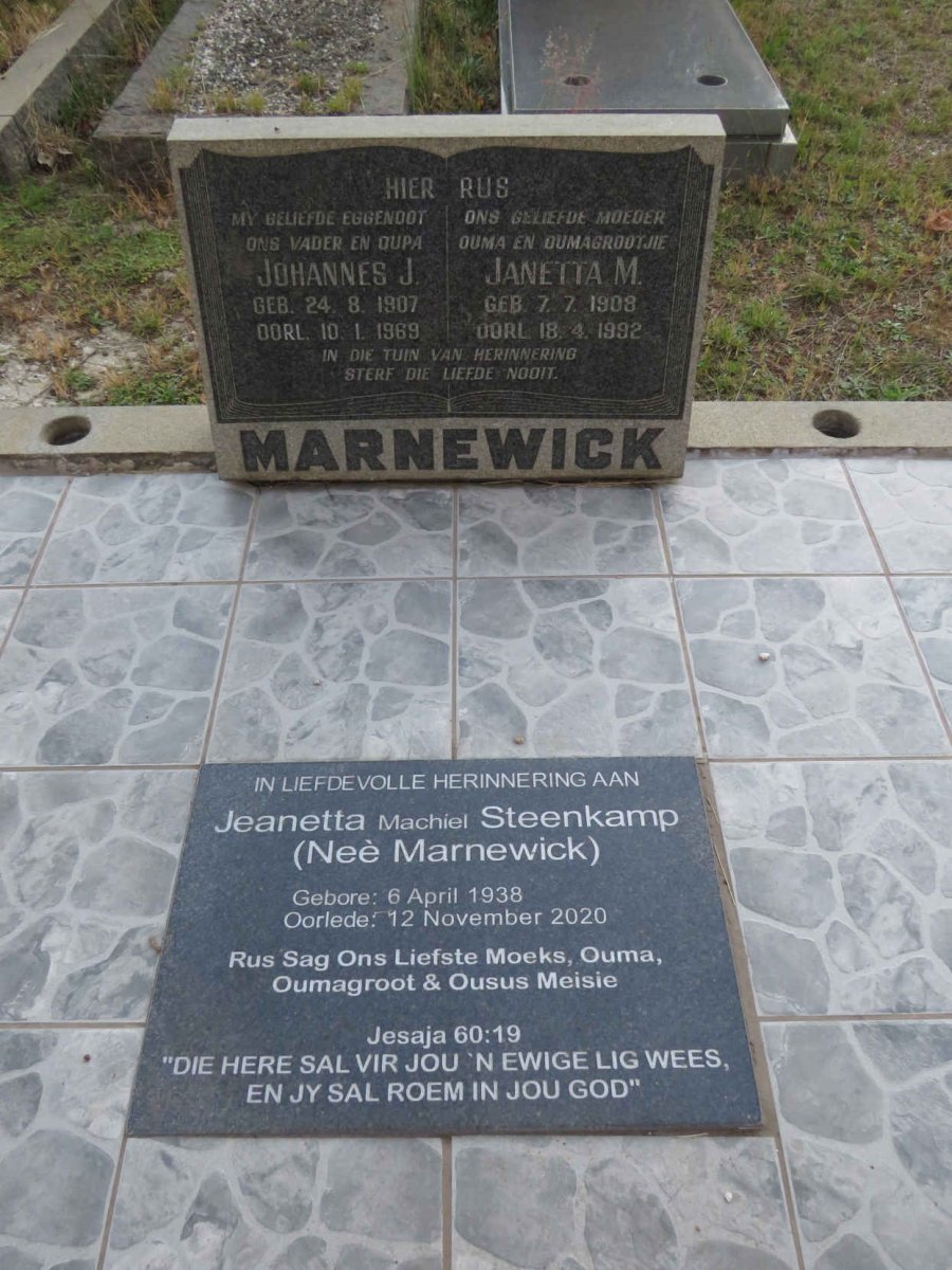 MARNEWICK Johannes J. 1907-1969 &amp; Janetta M. 1908-1992 :: STEENKAMP Jeanetta Machiel nee MARNEWICK 1938-2020