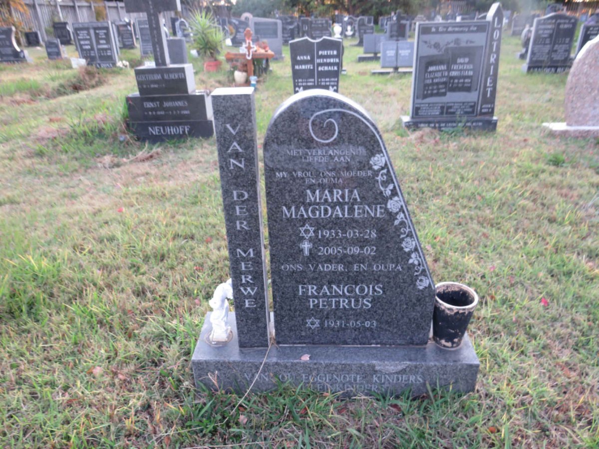 MERWE Francois Petrus, van der 1931- &amp; Maria Magdalene 1933-2005