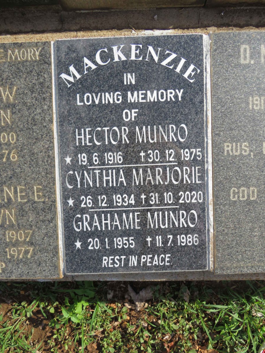 MACKENZIE Hector Munro 1916-1975 :: MACKENZIE Cynthia Marjorie 1934-2020 :: MACKENZIE Grahame Munro 1955-1986