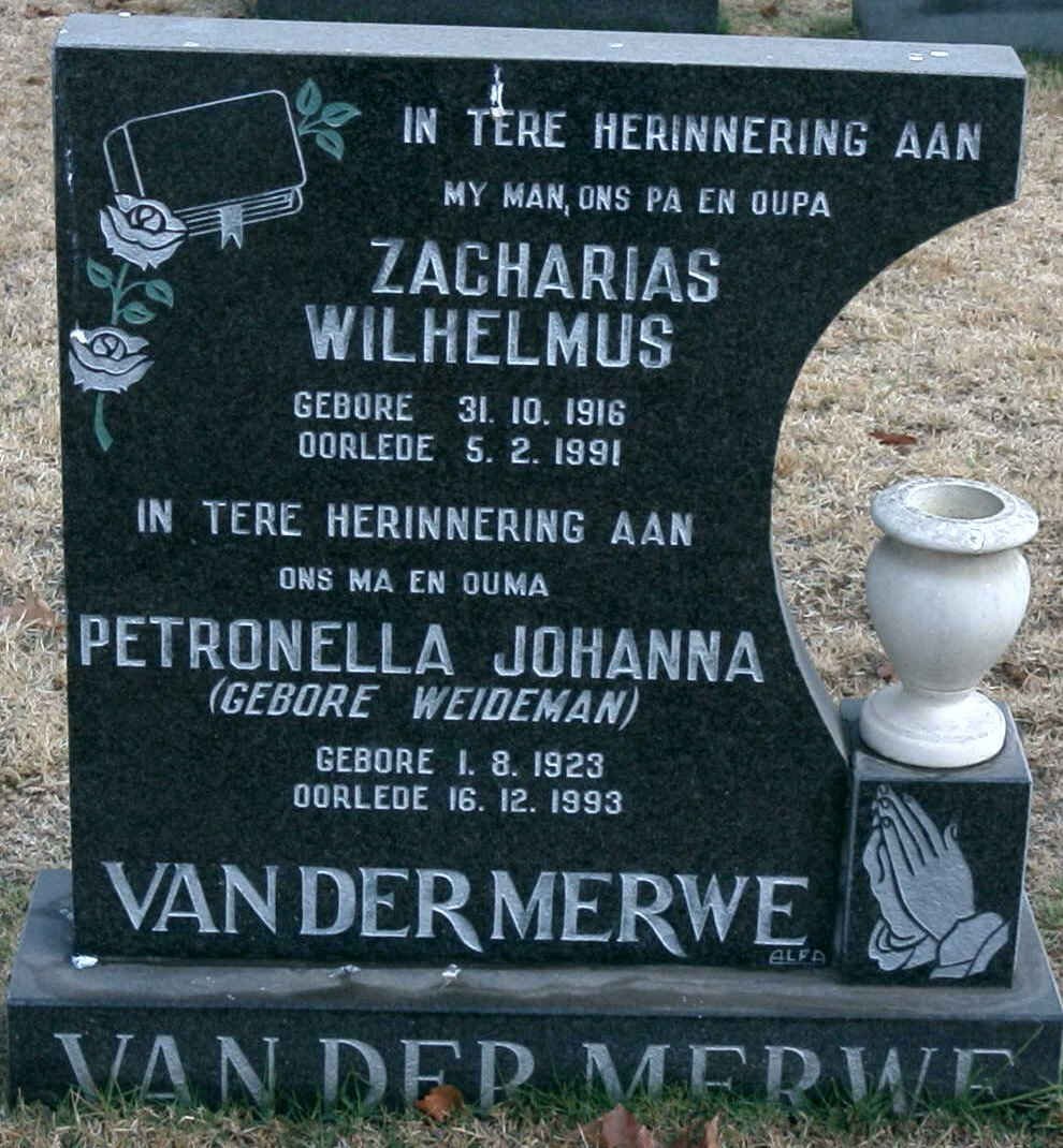 MERWE Zacharias Wilhelmus, van der 1916-1991 &amp; Petronella Johanna WEIDEMAN 1923-1993