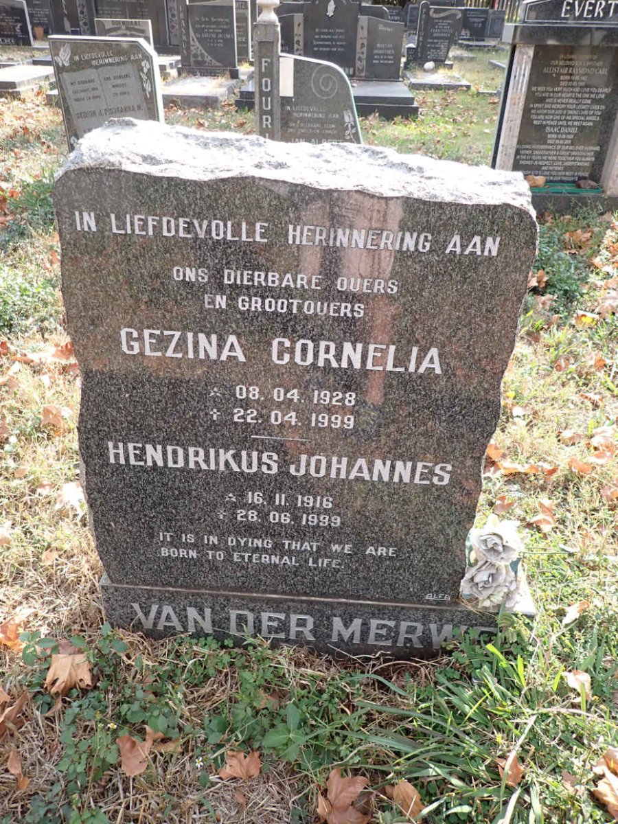 MERWE Hendrikus Johannes, van der 1916-1999 &amp; Gezina Cornelia 1928-1999