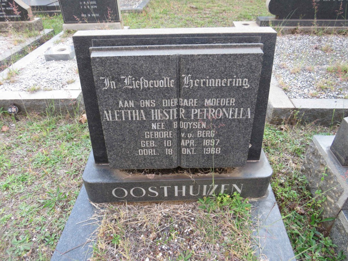 OOSTHUIZEN Alettha Hester Petronella formerly BOOYSEN nee V.D. BERG 1897-1968