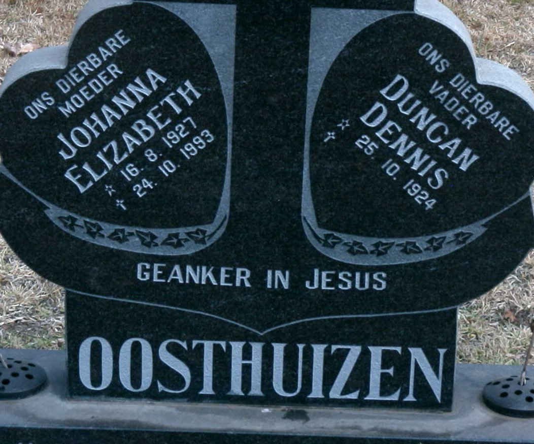 OOSTHUIZEN Duncan Dennis 1924- &amp; Johanna Elizabeth 1927-1993